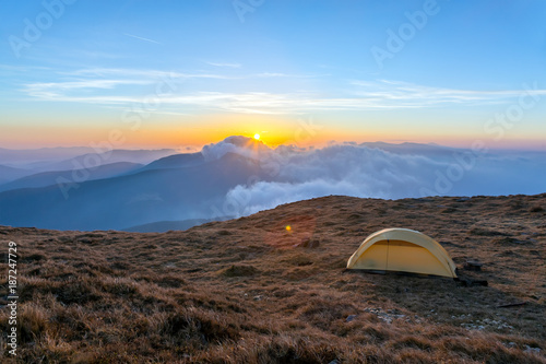 Outdoor Sport Hiking Bivouac in Mountain Landscape at Sunrise