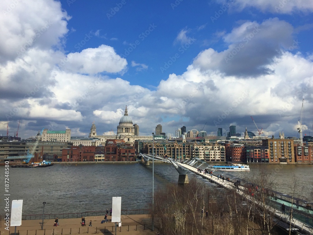 View over the Millenium footbridge and St. Paul's Cathedral in London