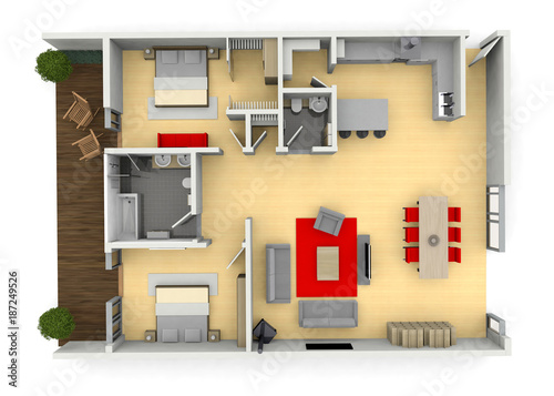 3d cgi birds eye view floorplan of a modern house or apartment photo