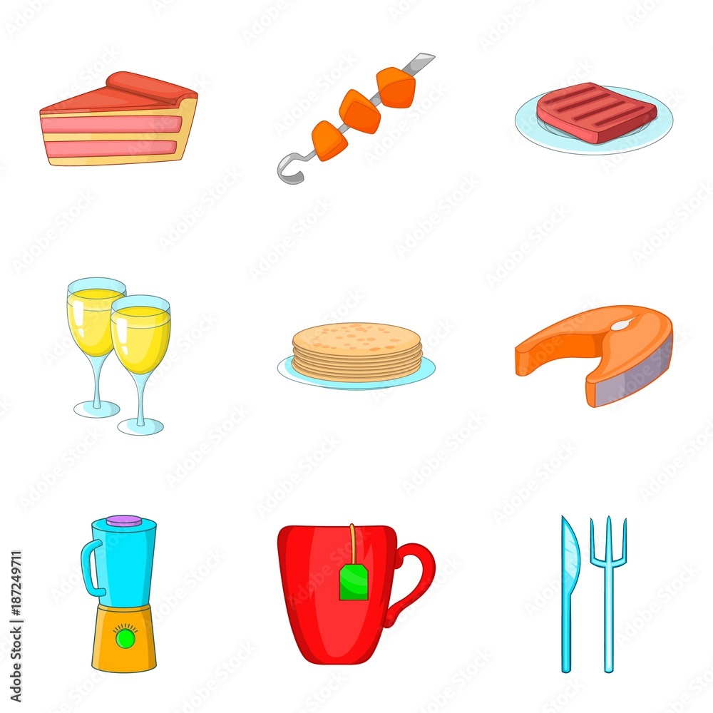 Luxury dinner icons set, cartoon style