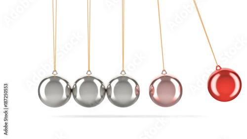 Newton's cradle, pendulum in motion. 3D rendering isolated on white background