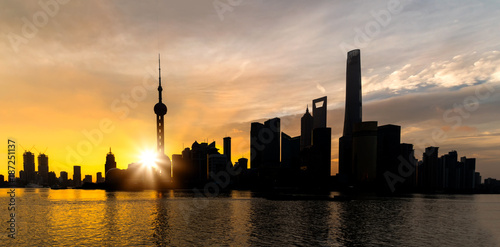 Sunrise of Shanghai skyline Pudong building most prosperous urban groups of panoramic view in the morning. Shanghai China City scape of business district trade zone.