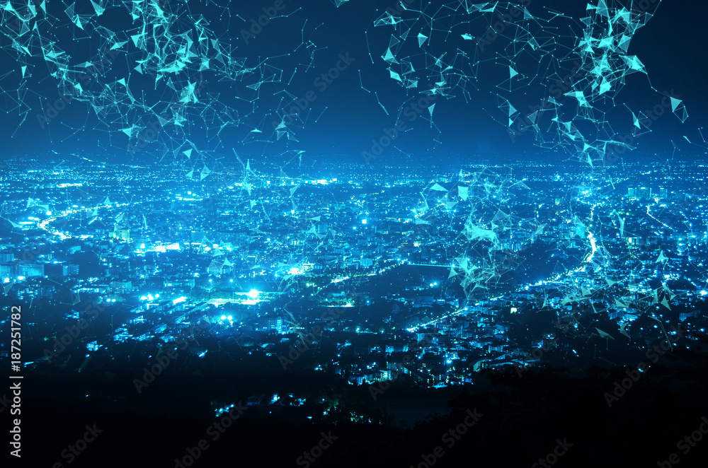 abstract dot and line connection on night city background abstract dot and line connection on night city background