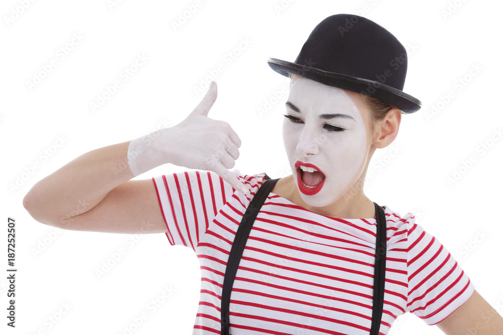 Φωτογραφία jeune fille mime maquillage blanc théâtre mimant une dispute au téléphone