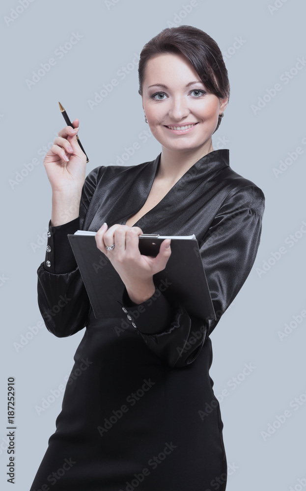 Smiling business woman isolated on gray background. Smiling business woman isolated on gray background.