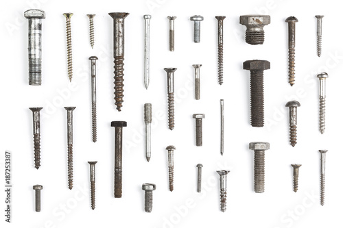 Set of different bolts nails and screws isolated on white background