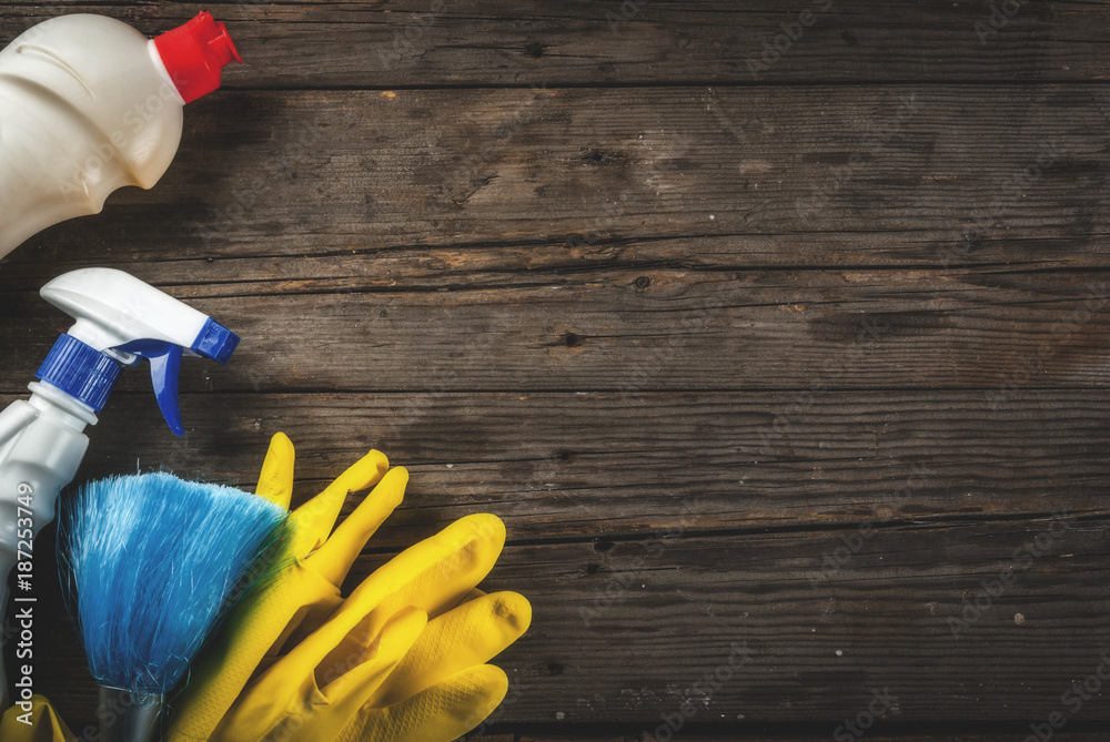 House cleaning products, copy space. Stock Photo by stockfilmstudio