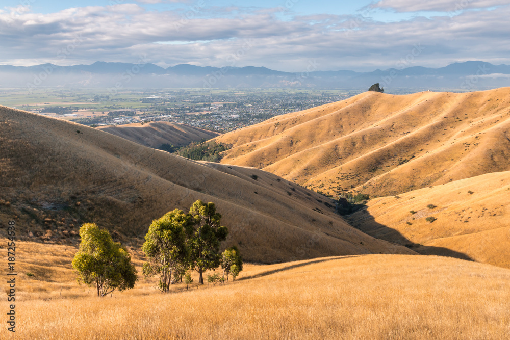 sunset over Wither Hills with Blenheim town in background, New Zealand