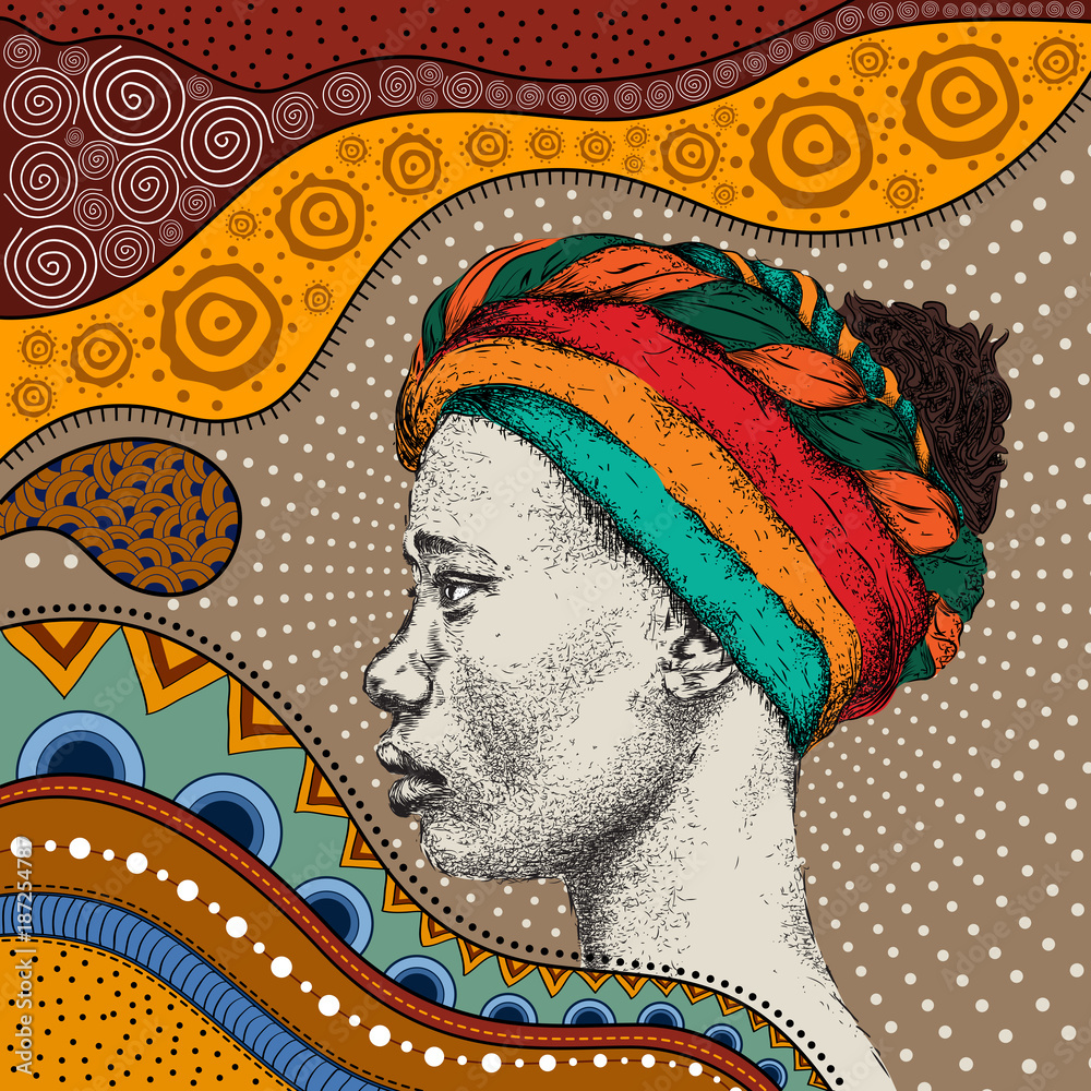 Fotografie, Obraz Girl in turban with African hand draw ethno pattern,  tribal background | Posters.cz