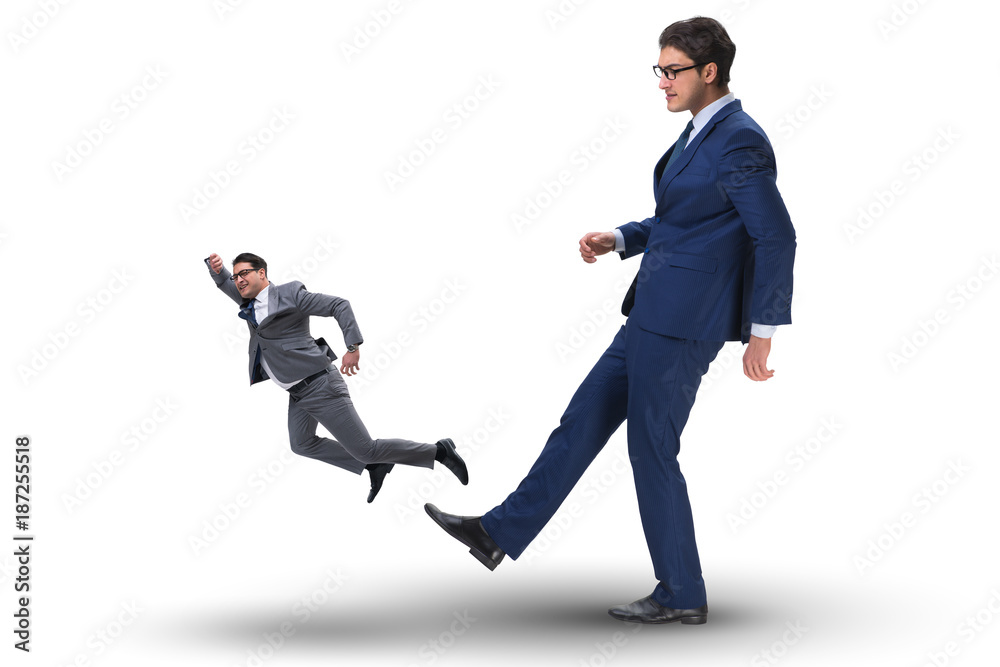 Bad angry boss kicking employee in business concept Bad angry boss kicking employee in business concept