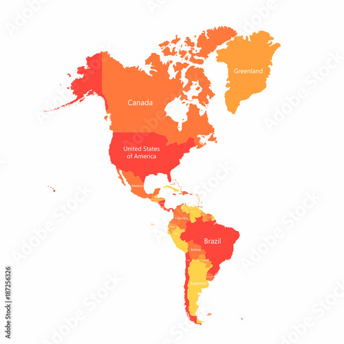 Vector South America and North America map with countries borders. Abstract red and yellow American countries on map