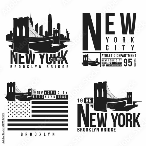 Set of New York, Brooklyn Bridge typography for t-shirt print. Stylized Brooklyn Bridge silhouettes. Tee shirt graphic