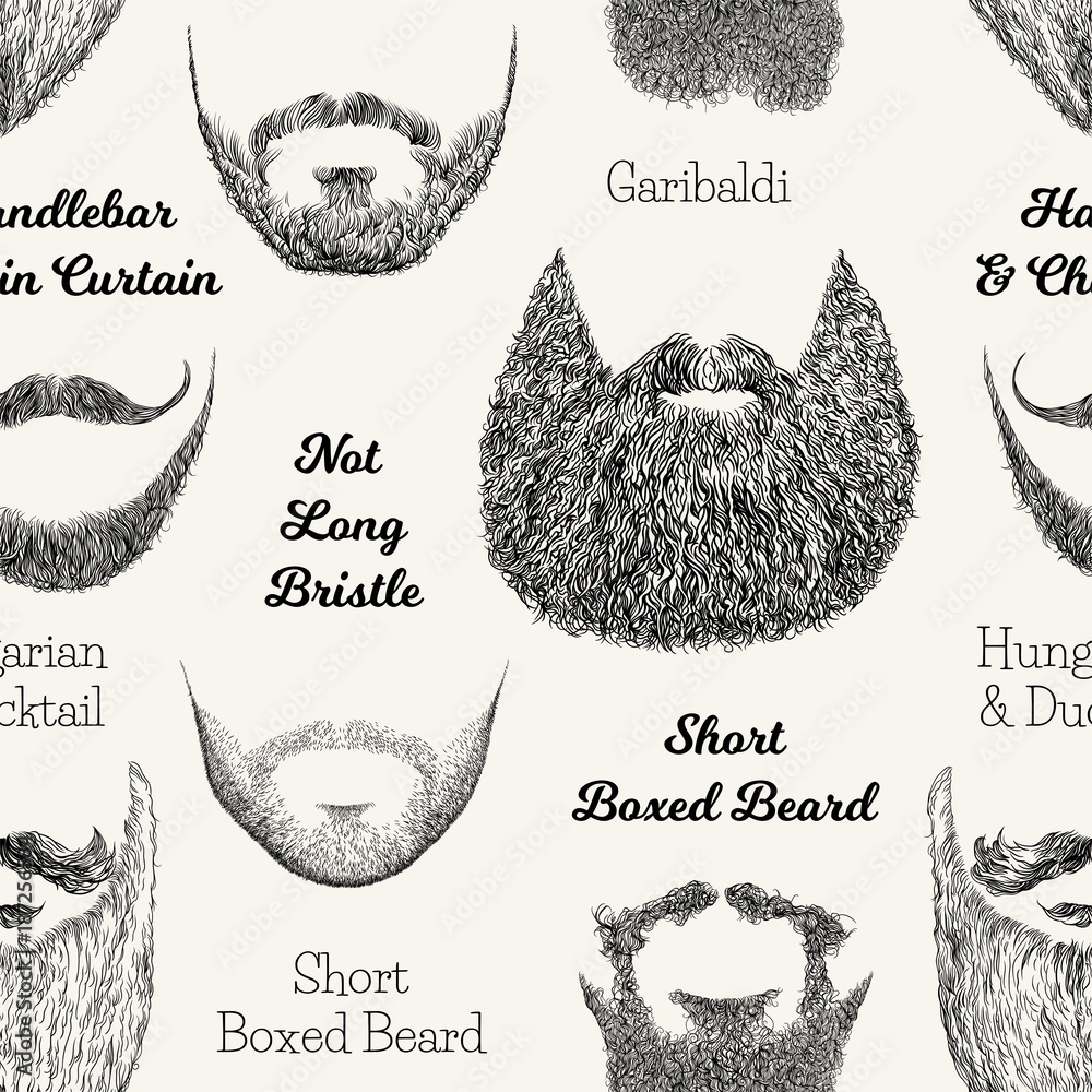 Vector seamless pattern with beards and mustaches. Hand drawn illustration  with fashionable men's styles. Linear Graphics. Kinds and names of  hairstyles Stock Vector | Adobe Stock