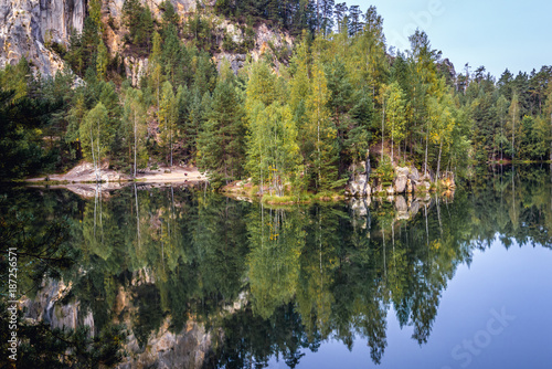 Lake in Adrspach Teplice Rocks landscape park in Broumov Highlands region of Czech Republic