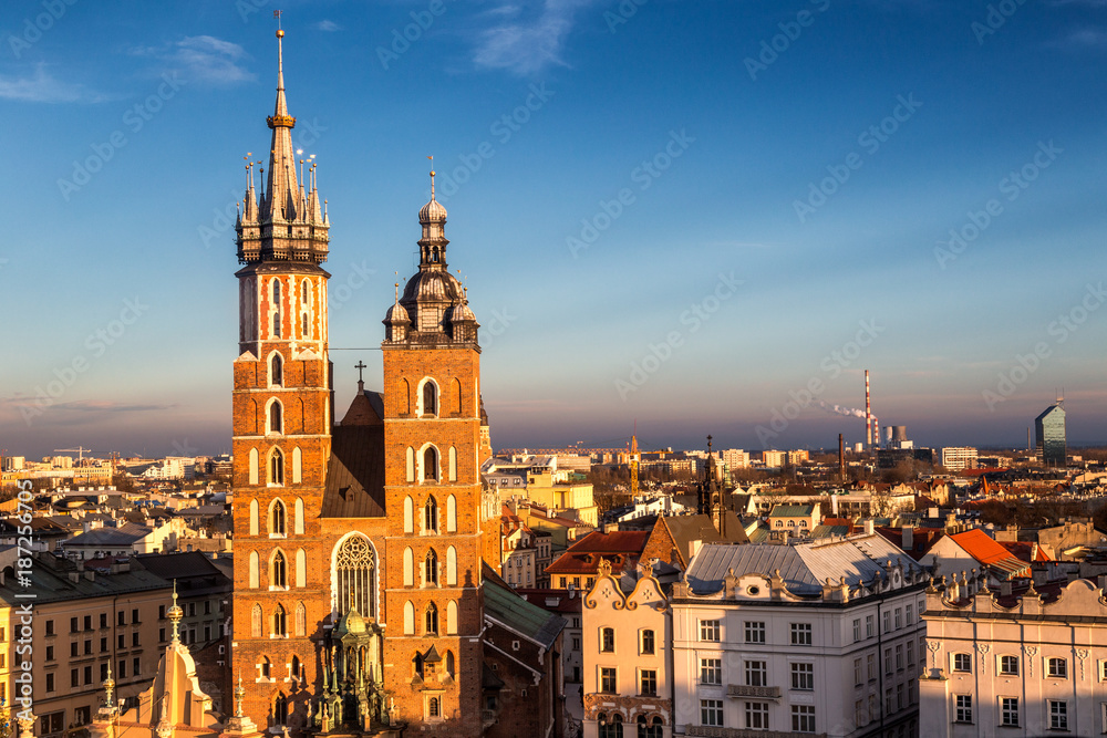 Krakow, view from above the historic Polish city with Saint Mary's Basilica.