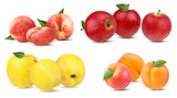 Set fresh chinese flat donut peaches  red and yellow apples, apricots isolated on white with clipping path