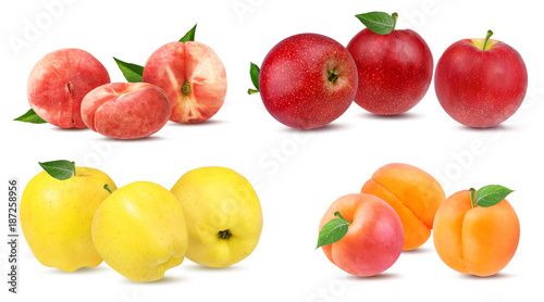 Set fresh chinese flat donut peaches  red and yellow apples  apricots isolated on white with clipping path