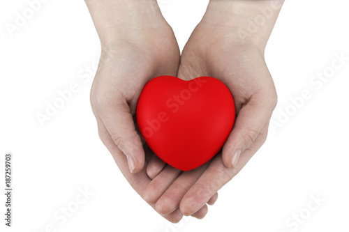 Woman holding red heart in hands on a white background closeup