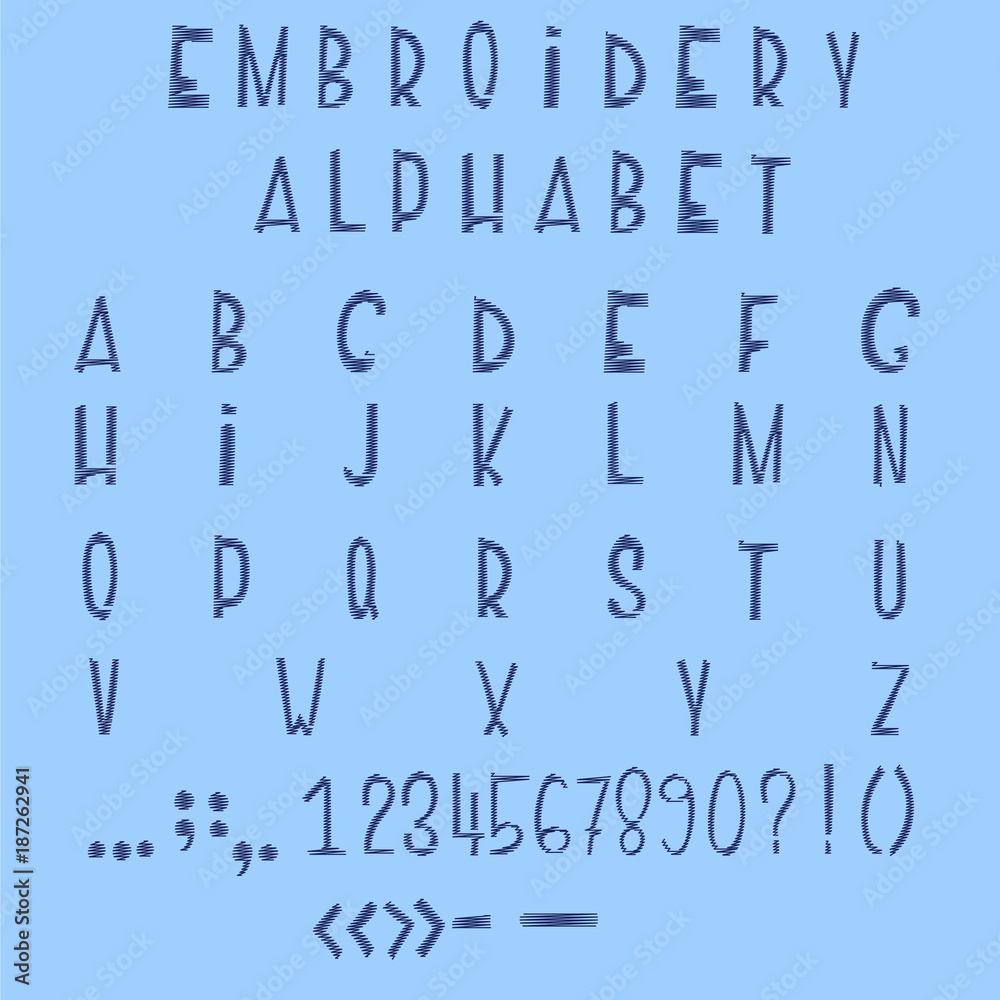 Embroidery blue font. Vector alphabet letters and numbers, punctuation marks. Isolated illustration on blue background. Crocheted, knitted vintage graphic elements. Thin line geometric set for design Embroidery blue font. Vector alphabet letters and numbers, punctuation marks. Isolated illustration on blue background. Crocheted, knitted vintage graphic elements. Thin line geometric set for design