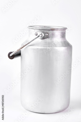 Vintage milk can on white background. Aluminium milk can isolated on white background.