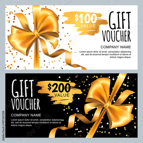 Vector gift card or voucher template with realistic gold bow ribbon. Golden, black and white vip holiday cards. Luxury design concept for gift coupon, invitation, certificate, flyer, banner, ticket.