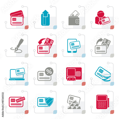 Stylized credit card, POS terminal and ATM icons - vector icon set