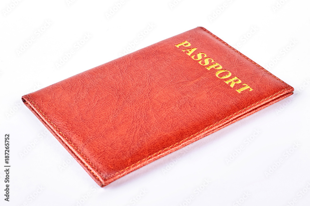 Red leather passport cover. Leather cover for passport isolated on white background. Passport on white background. Red leather passport cover. Leather cover for passport isolated on white background. Passport on white background.