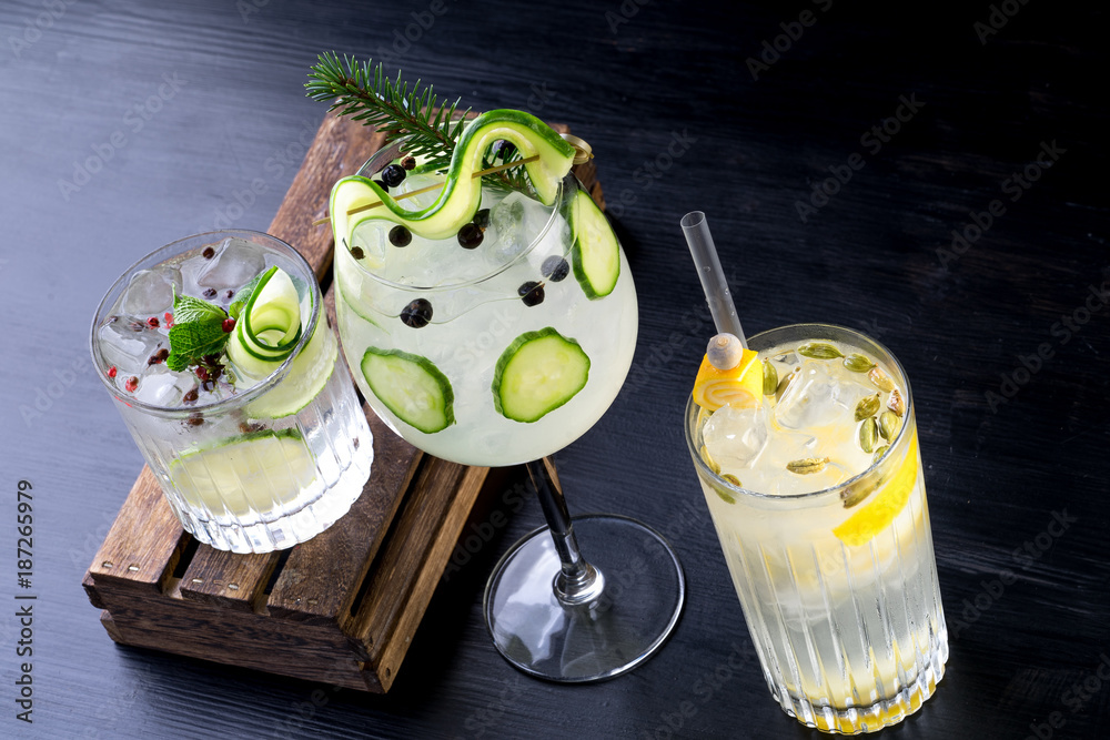 gin and tonic alcohol drink cocktail glass ice fruit garnish plain black white background