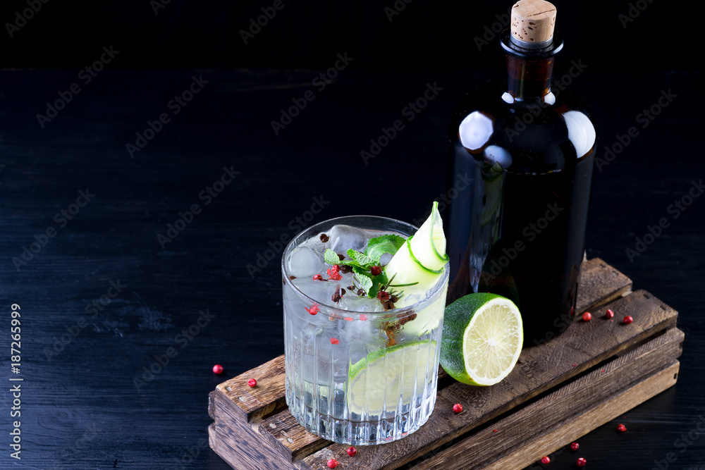gin and tonic alcohol drink cocktail glass ice fruit garnish plain black white background