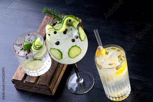 Obraz na płótnie gin and tonic alcohol drink cocktail glass ice fruit garnish plain black white background w salonie