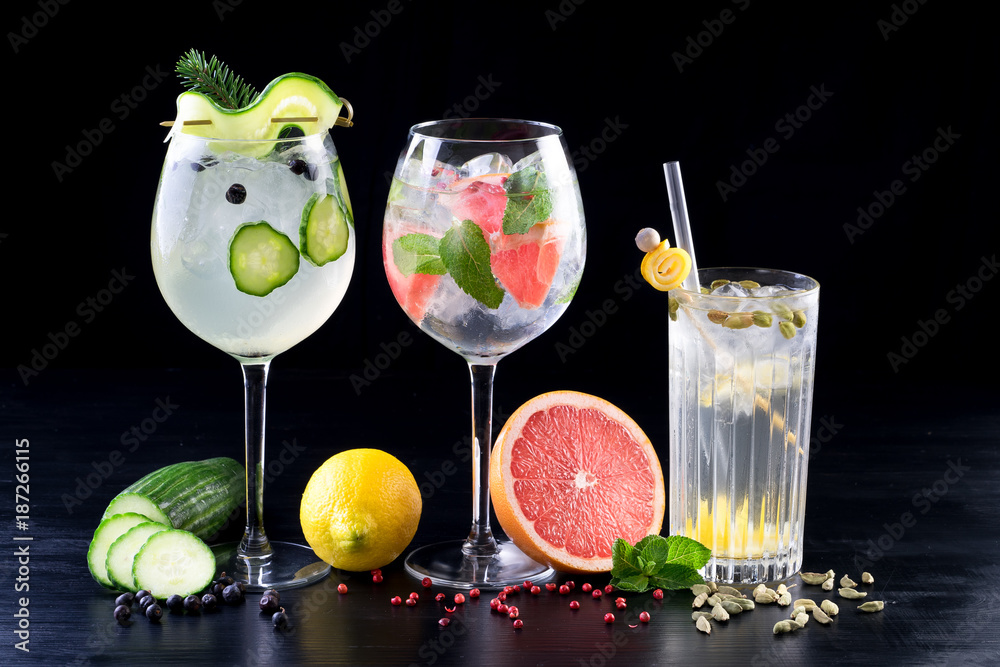 gin and tonic alcohol drink cocktail glass ice fruit garnish plain black white background