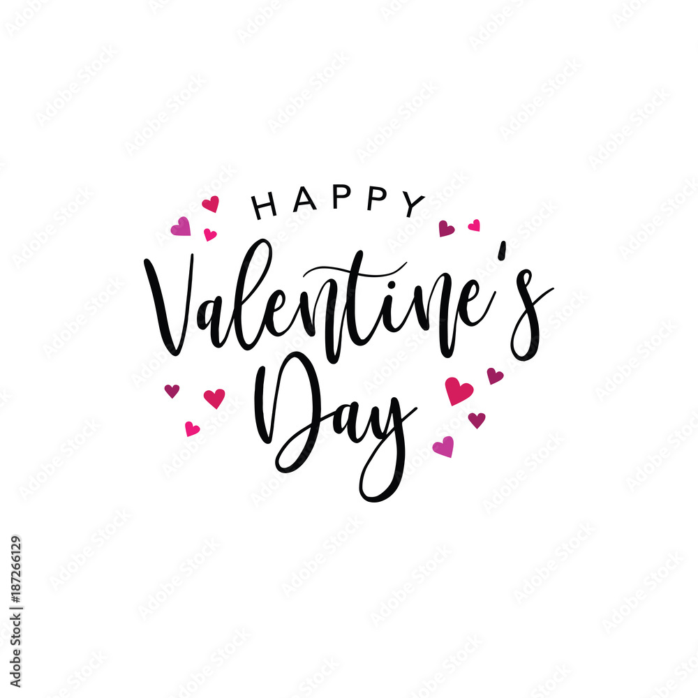 Happy Valentine's Day Vector Typography with Pink and Red Hearts