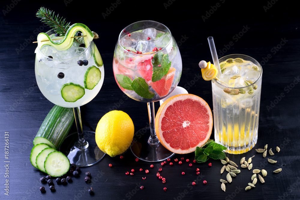 gin and tonic alcohol drink cocktail glass ice fruit garnish plain black white background