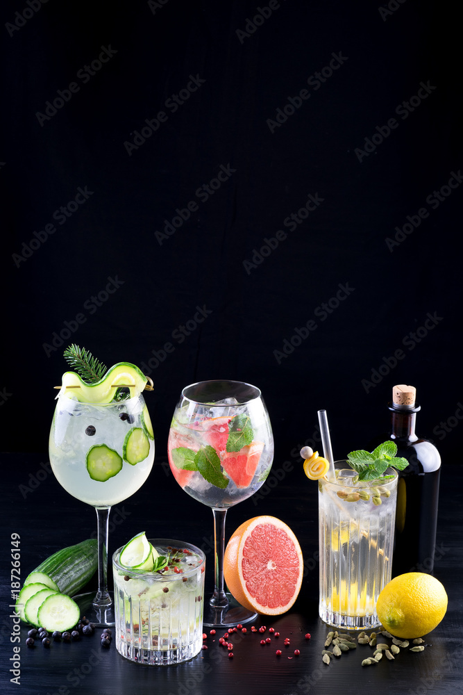 gin and tonic alcohol drink cocktail glass ice fruit garnish plain black white background