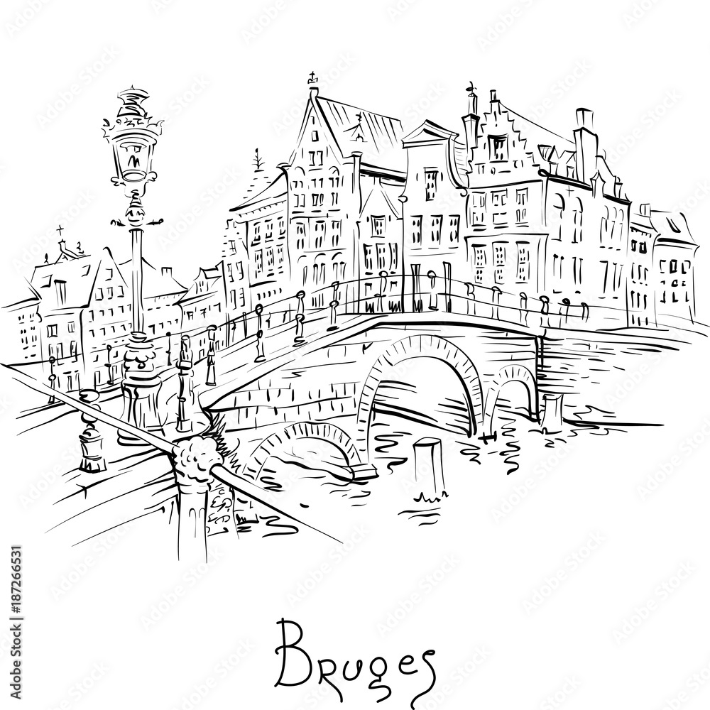 Vector scenic black and white city sketch, view of Bruges canal and bridge with beautiful medieval houses, Belgium
