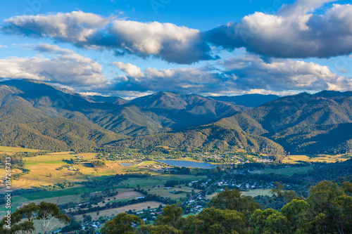 Aerial panorama of Mount Beauty town and pondage at sunset. Kiewa valley, Victoria, Australia