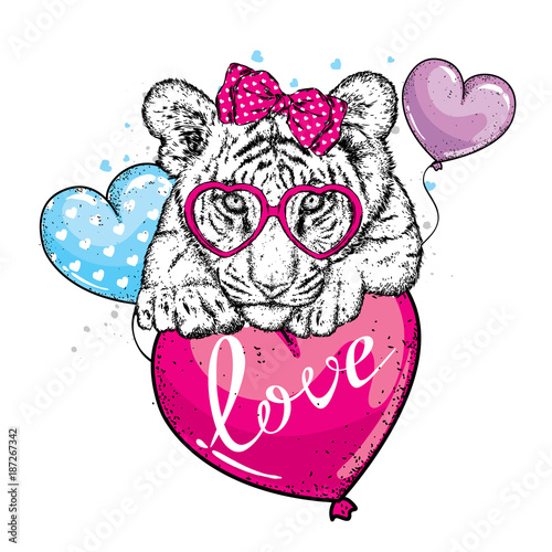 Fototapeta Naklejka Na Ścianę i Meble -  Cute tiger with hearts, glasses and a bow. Vector illustration for a postcard or a poster, print for clothes. Valentine's Day, love and friendship. Tiger cub in clothes and accessories.