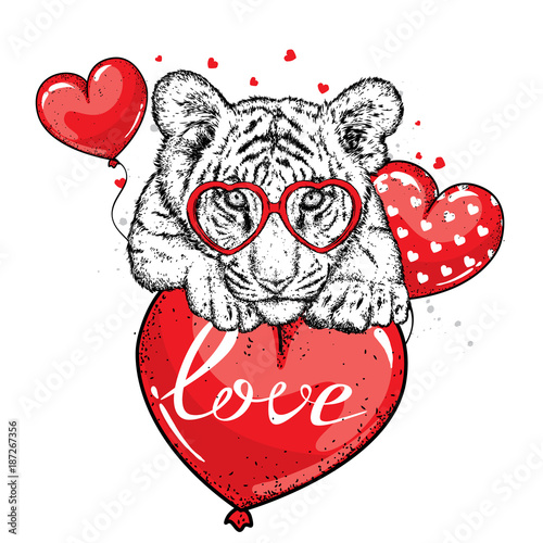 Fototapeta Naklejka Na Ścianę i Meble -  Cute tiger with hearts, glasses and a bow. Vector illustration for a postcard or a poster, print for clothes. Valentine's Day, love and friendship. Tiger cub in clothes and accessories.