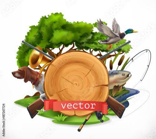 Hunting and fishing. 3d vector emblem
