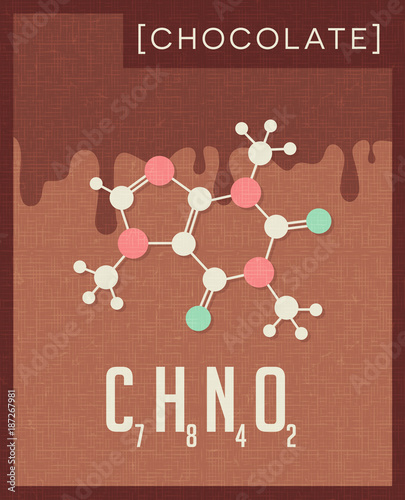 Retro style scientific poster of the molecular formula and structure of chocolate.
Vector illustration.