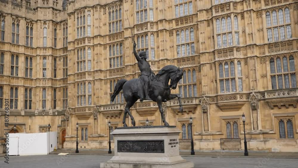 Smooth gimbal movement of Richard Coeur de Lion is a Grade II listed equestrian statue who stands in Old Palace Yard, Palace of Westminster. 4k. London, United Kingdom