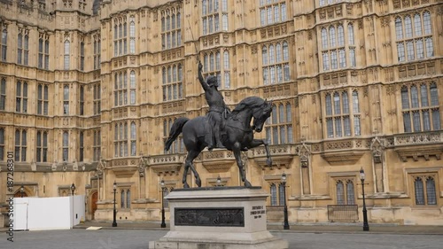 Smooth gimbal movement of Richard Coeur de Lion is a Grade II listed equestrian statue who stands in Old Palace Yard, Palace of Westminster. 4k. London, United Kingdom
