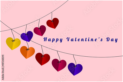 Illustration of Happy Valentine's Day card in pink color. Colorful Hearts vector is hanging on the line.