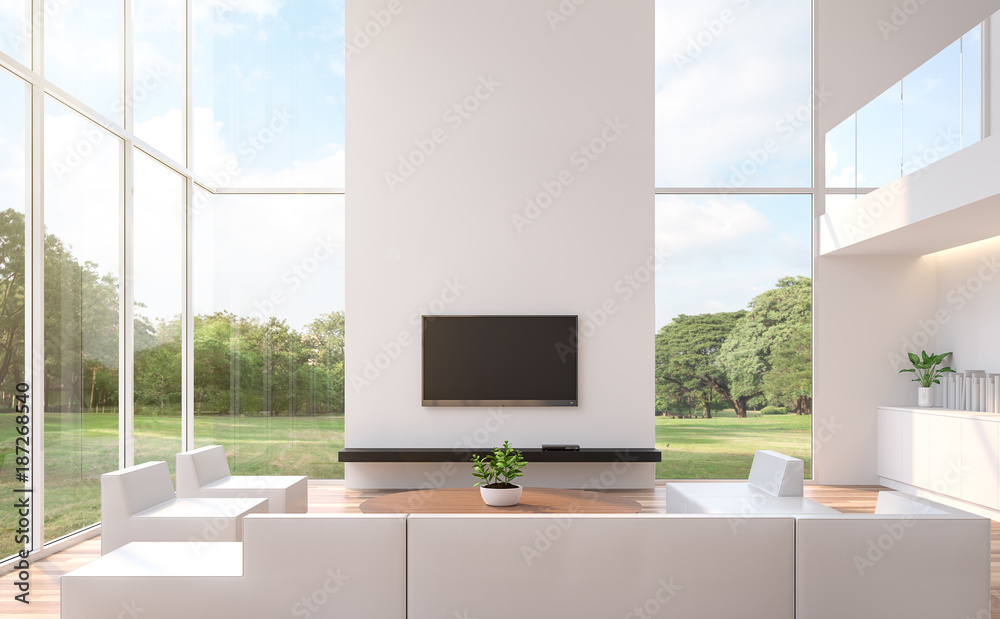 Modern white living room with nature view 3d rendering image.The room ...