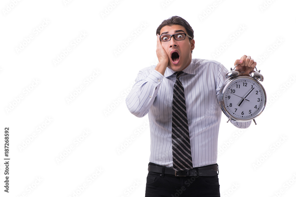 Young businessman in time management concept on white background Young businessman in time management concept on white background