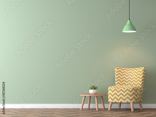 Fototapeta Naklejka Na Ścianę i Meble -  Modern vintage living room with green wall 3d rendering image.There are minimalist style image ,green empty wall and yellow furniture