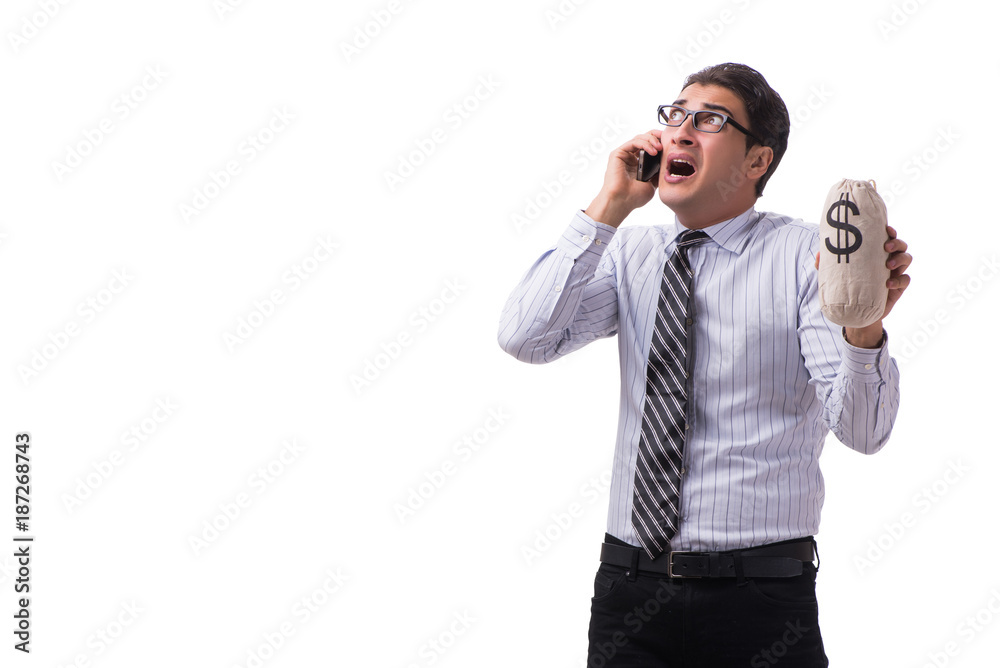 Young businessman with money sack isolated on white background Young businessman with money sack isolated on white background