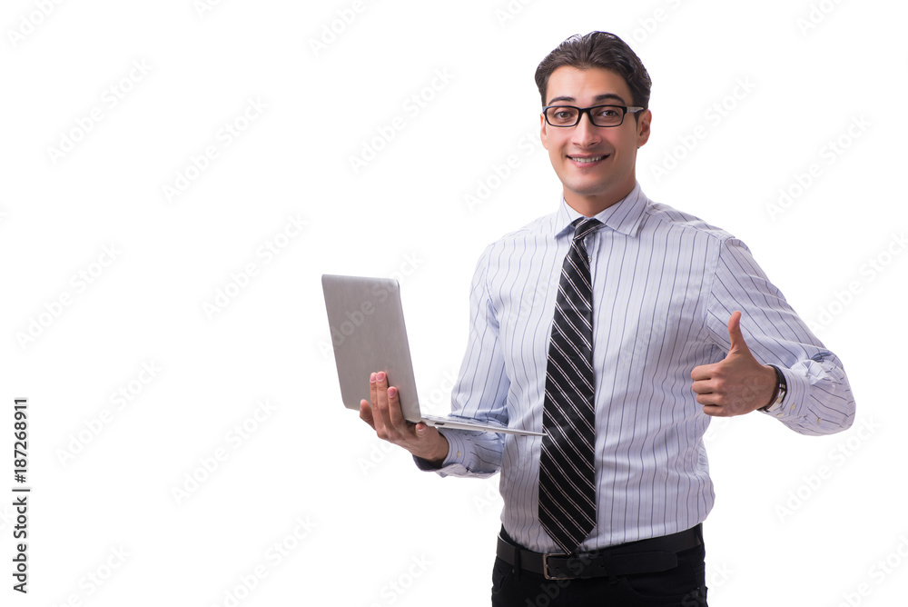 Young businessman with laptop isolated on white background Young businessman with laptop isolated on white background