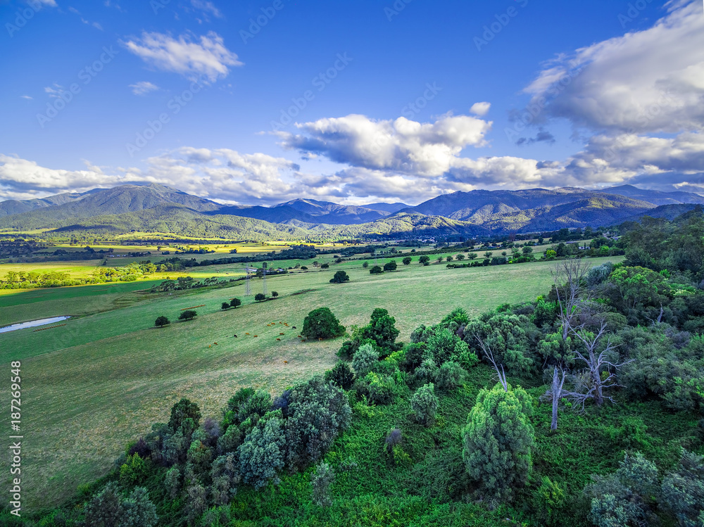 Aerial view of beautiful Australian countryside - Kiewa Valley, Victoria, Australia