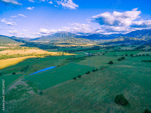 Pastures and meadows in beautiful Australian countryside. Kiewa Valley, Victoria, Australia photo